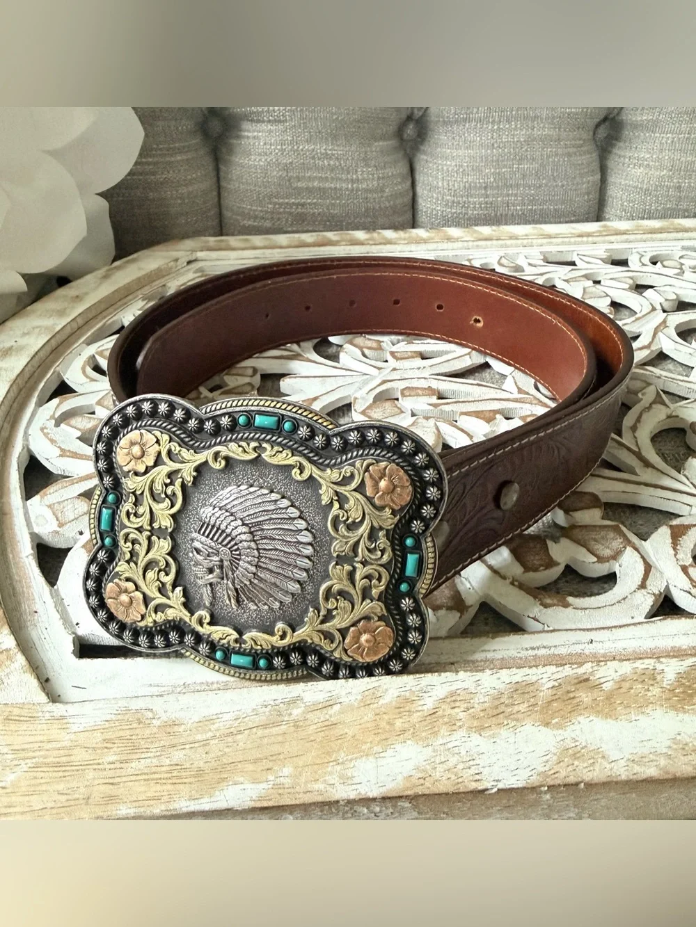 Nocona Brown Leather Belt with Ornate Turquoise-Accented Buckle Vintage 38